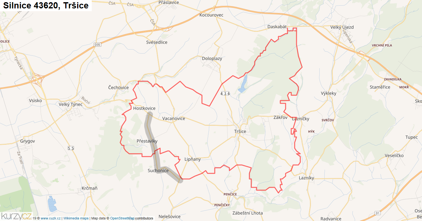 Tršice, Silnice 43620 - Mapa