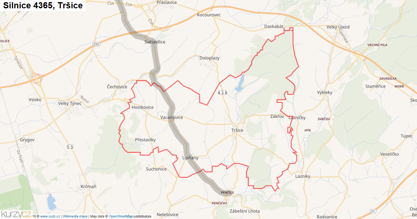 Tršice, Silnice 4365 - Mapa