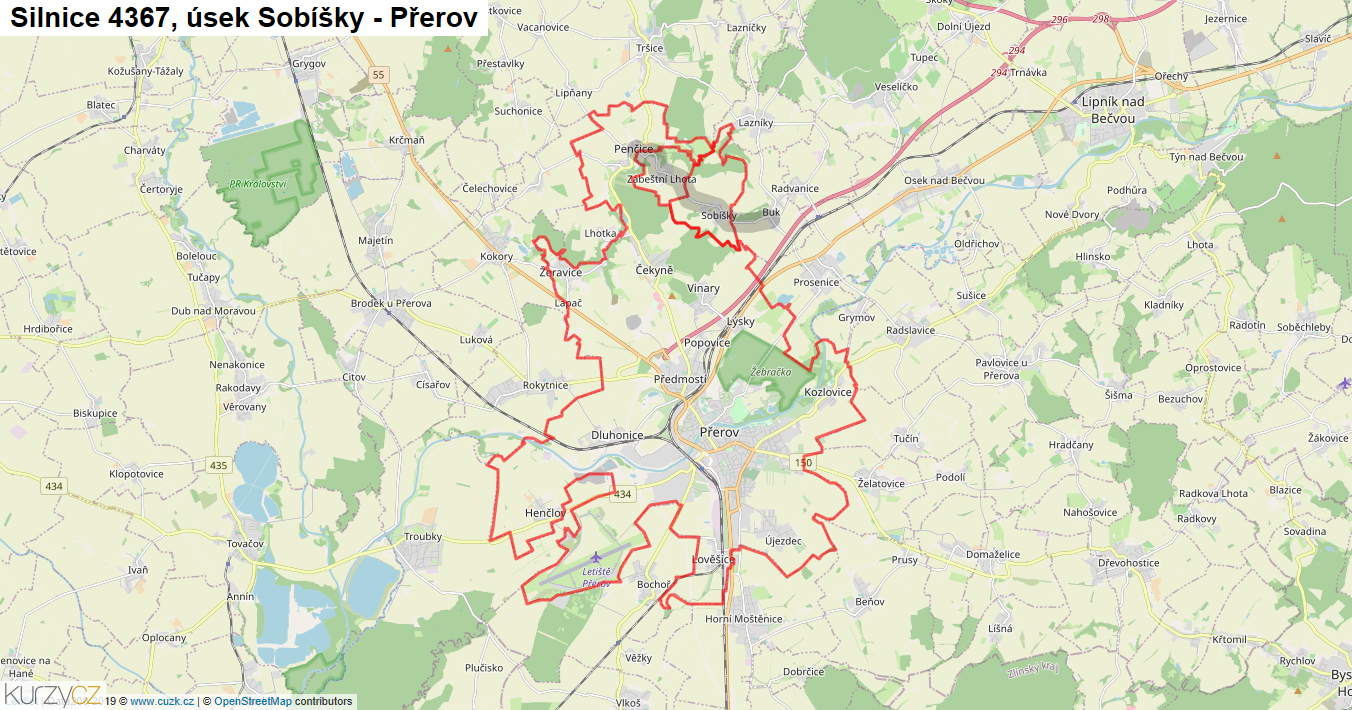 Úsek Sobíšky - Přerov, Silnice 4367 - Mapa