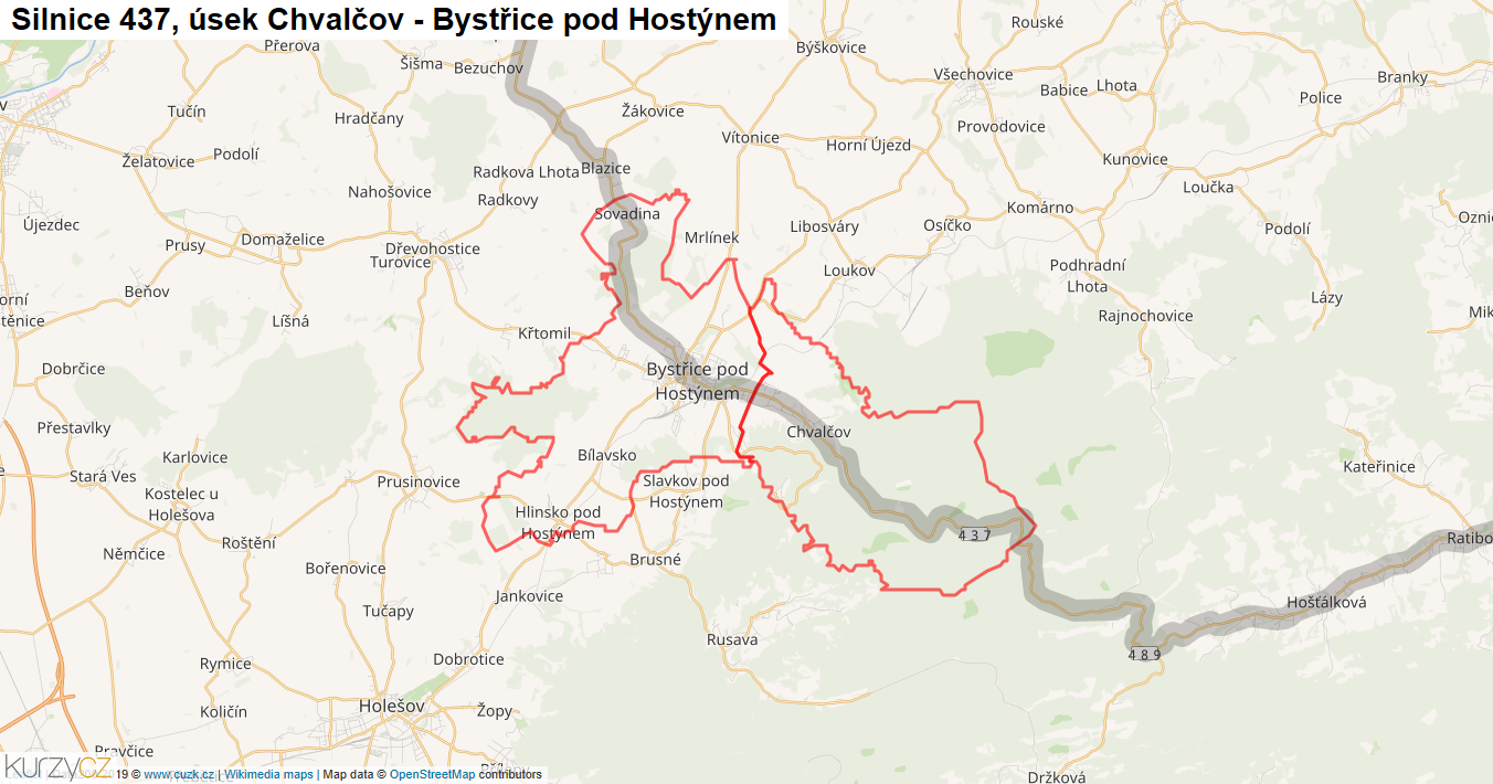 Úsek Chvalčov - Bystřice pod Hostýnem, Silnice 437 - Mapa