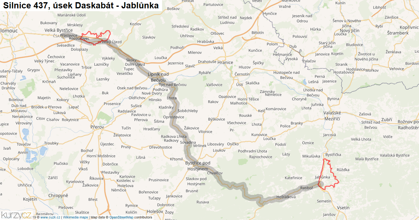 Úsek Daskabát - Jablůnka, Silnice 437 - Mapa