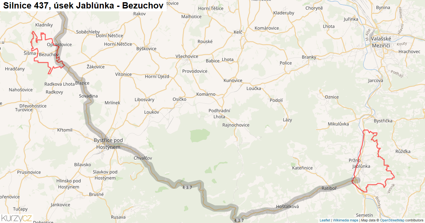 Úsek Jablůnka - Bezuchov, Silnice 437 - Mapa