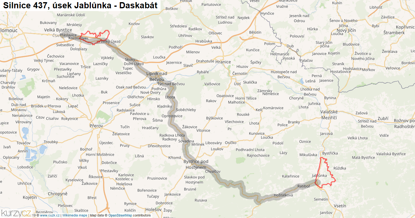 Úsek Jablůnka - Daskabát, Silnice 437 - Mapa