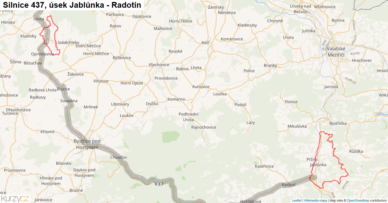 Úsek Jablůnka - Radotín, Silnice 437 - Mapa