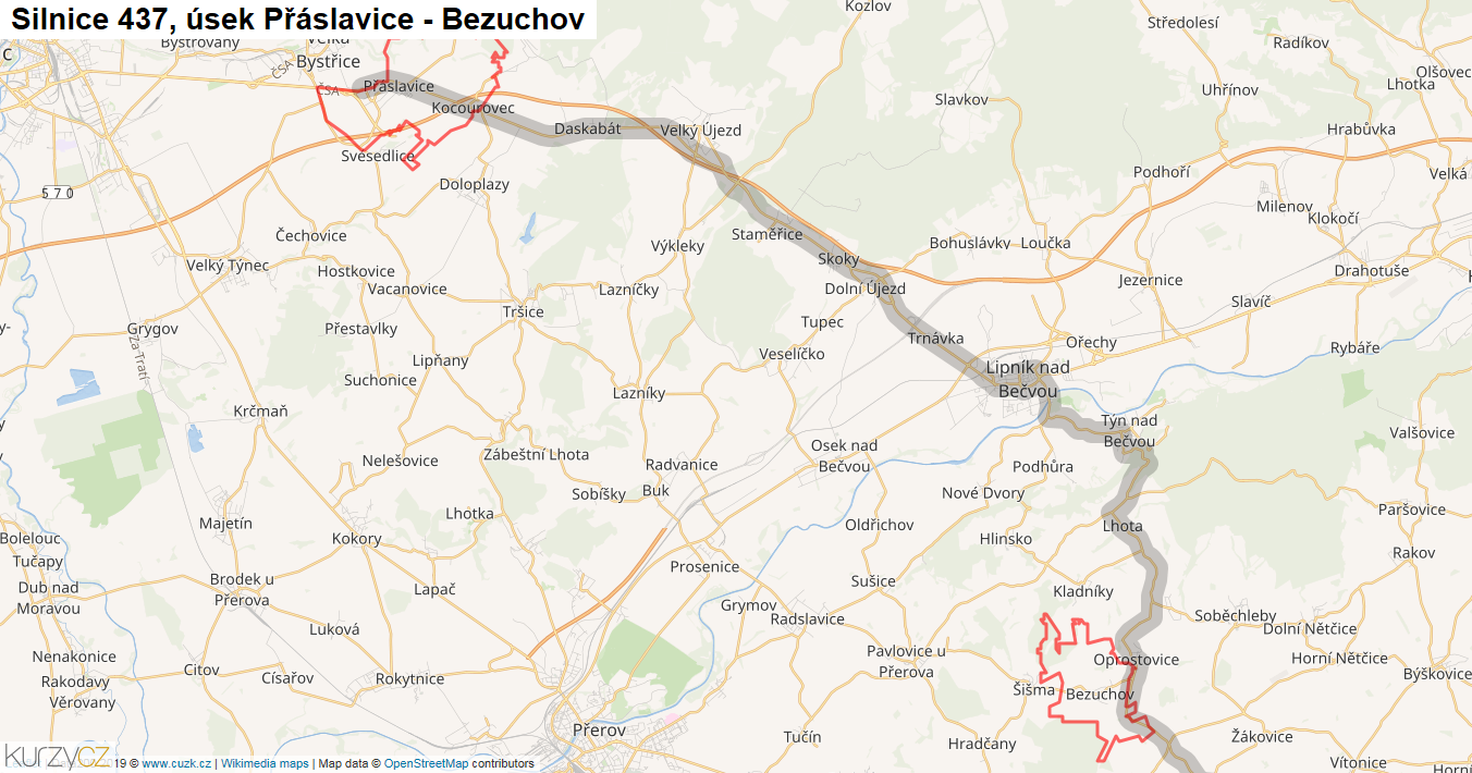 Úsek Přáslavice - Bezuchov, Silnice 437 - Mapa