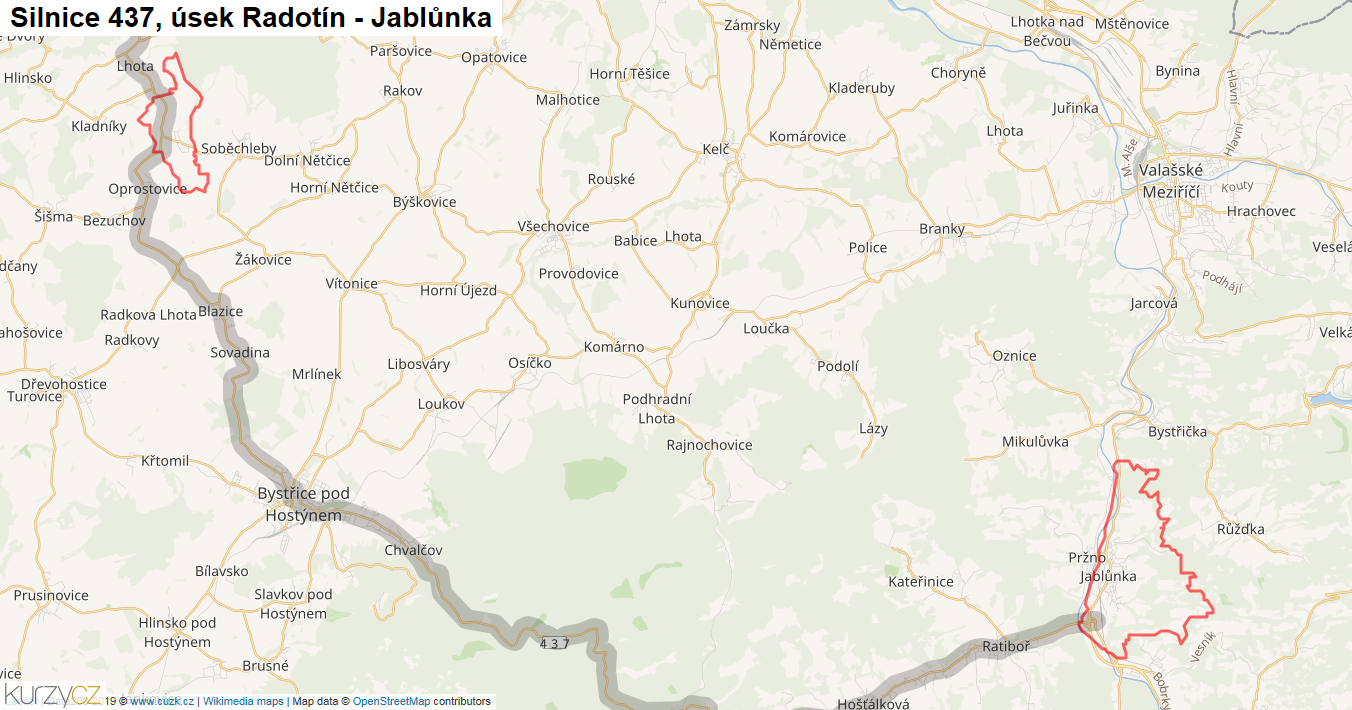 Úsek Radotín - Jablůnka, Silnice 437 - Mapa