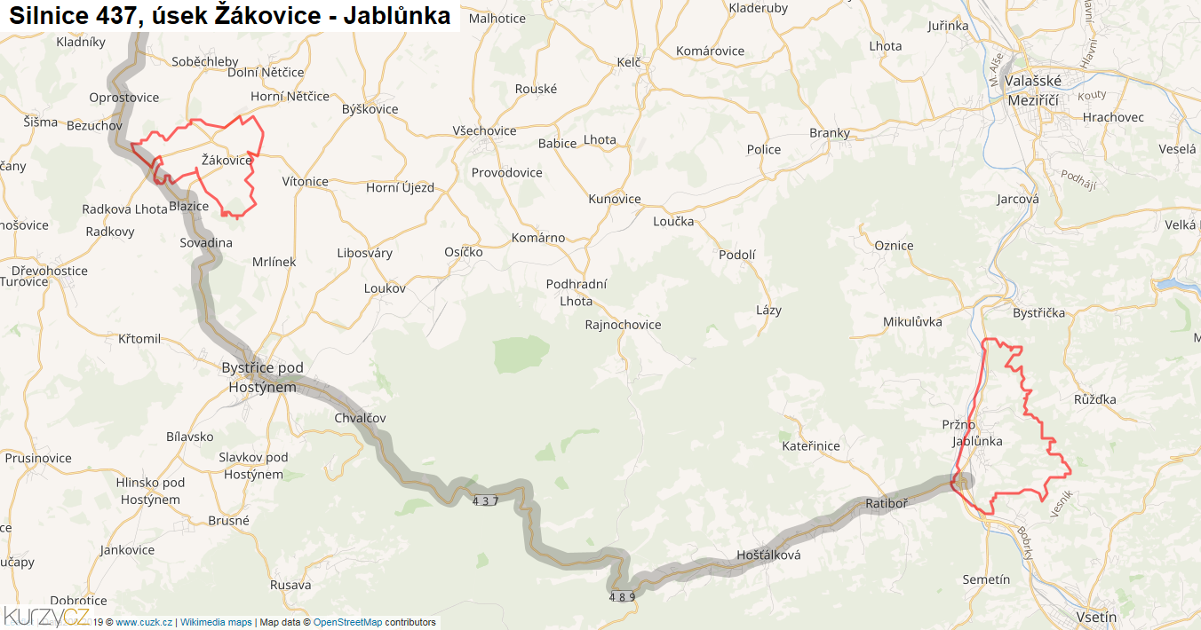 Úsek Žákovice - Jablůnka, Silnice 437 - Mapa