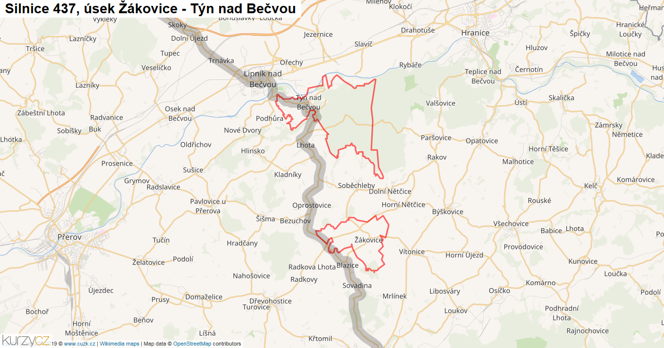 Úsek Žákovice - Týn nad Bečvou, Silnice 437 - Mapa