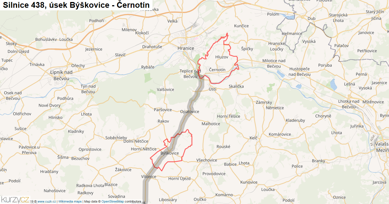 Úsek Býškovice - Černotín, Silnice 438 - Mapa