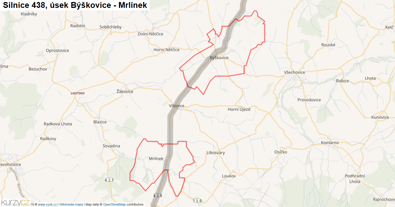 Úsek Býškovice - Mrlínek, Silnice 438 - Mapa