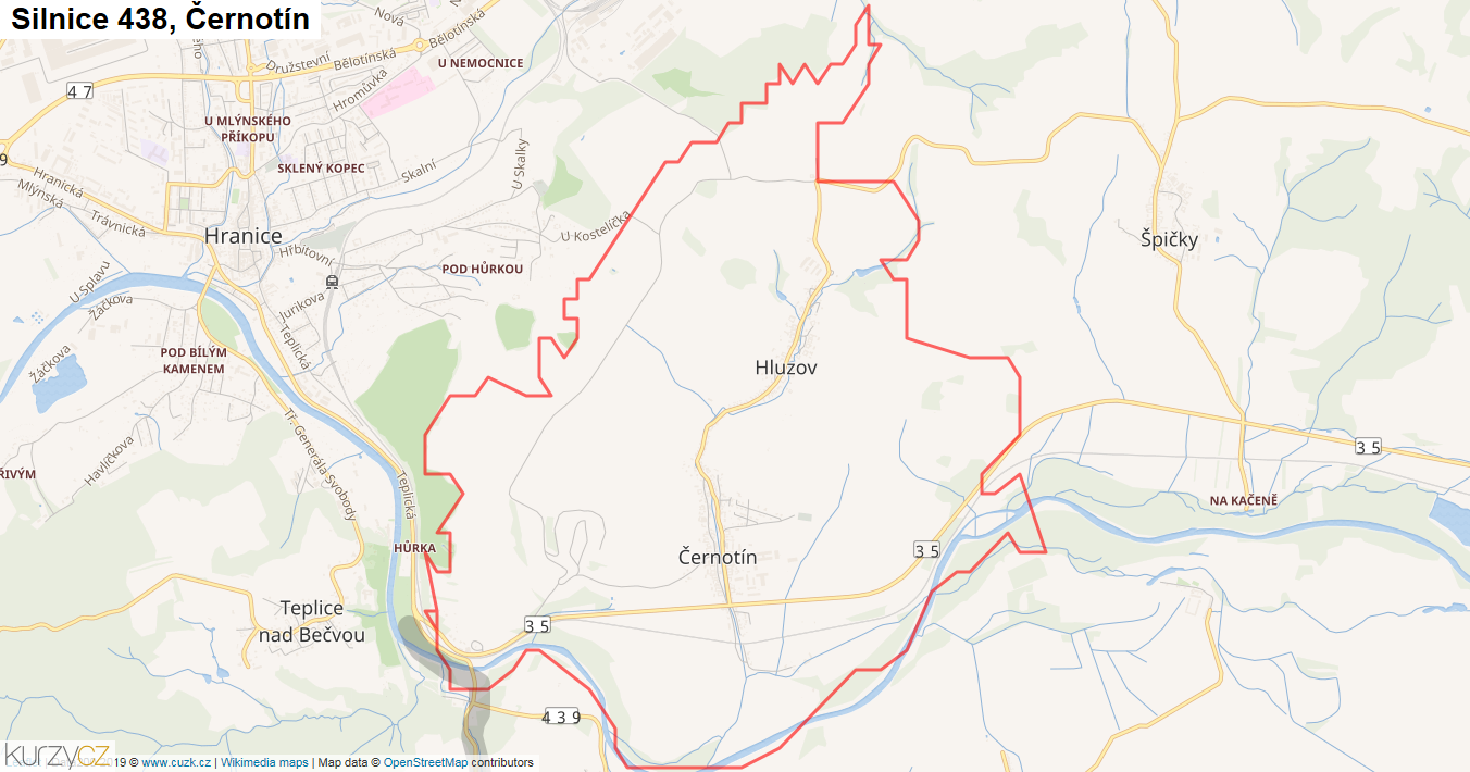 Černotín, Silnice 438 - Mapa