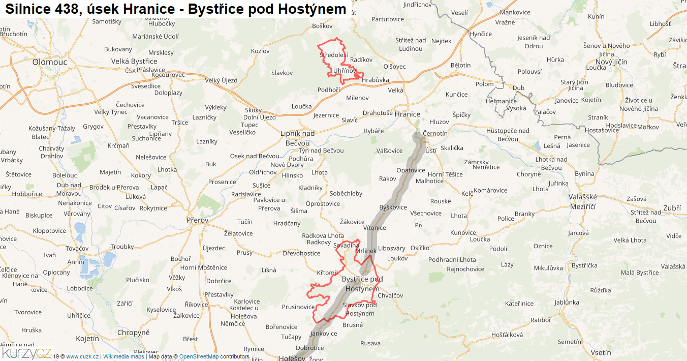 Úsek Hranice - Bystřice pod Hostýnem, Silnice 438 - Mapa