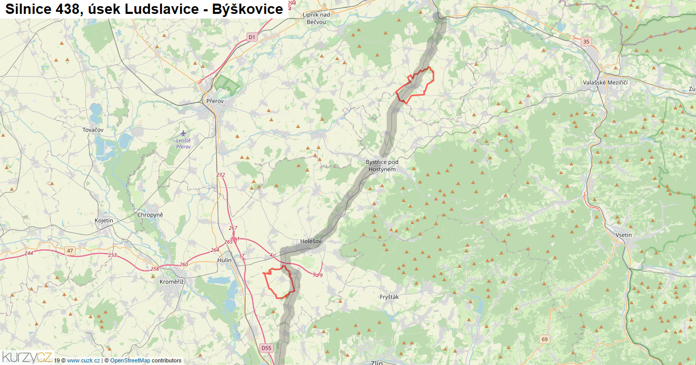 Úsek Ludslavice - Býškovice, Silnice 438 - Mapa