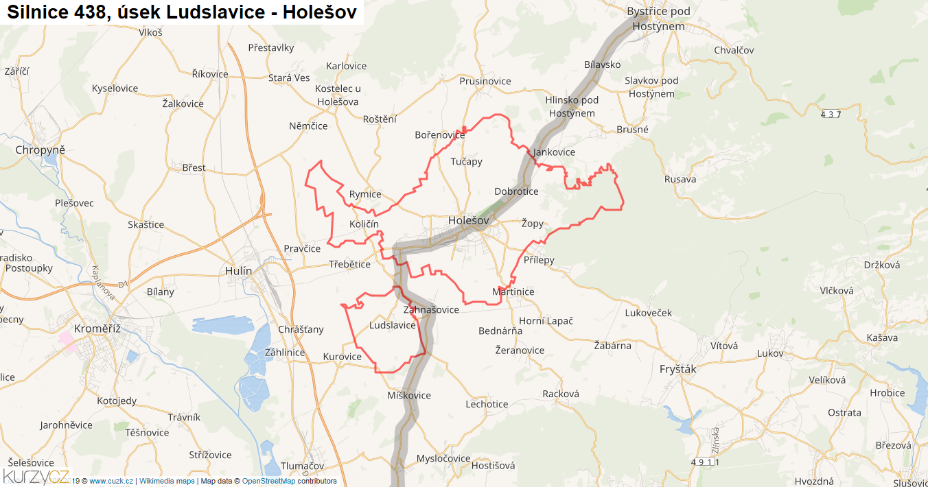 Úsek Ludslavice - Holešov, Silnice 438 - Mapa