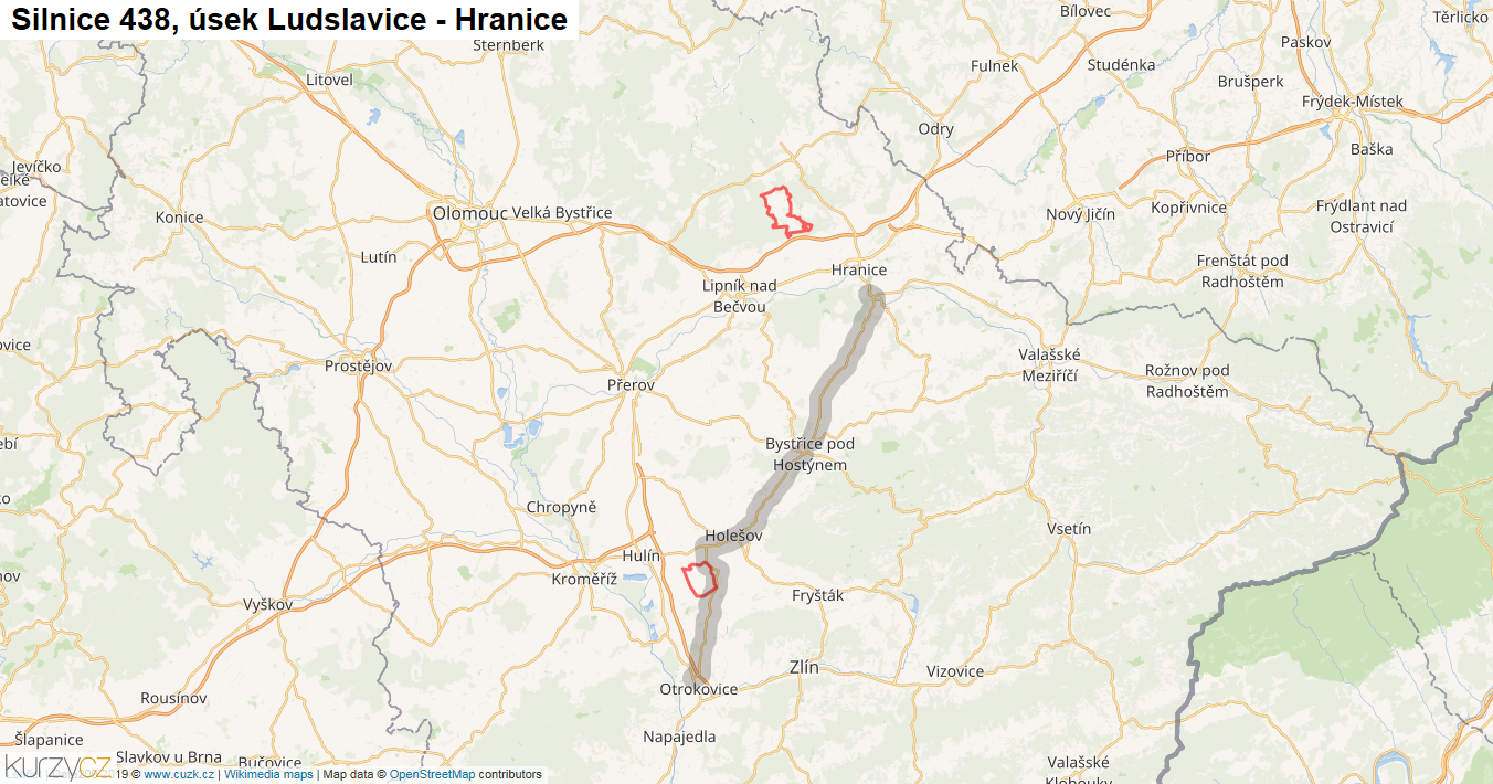 Úsek Ludslavice - Hranice, Silnice 438 - Mapa