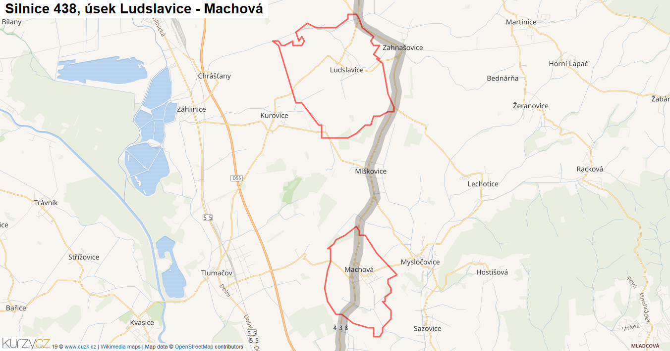 Úsek Ludslavice - Machová, Silnice 438 - Mapa
