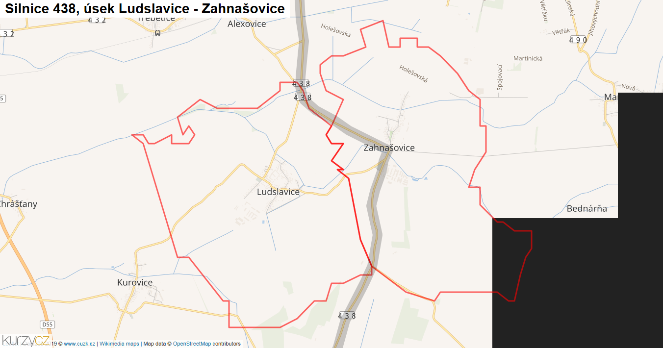 Úsek Ludslavice - Zahnašovice, Silnice 438 - Mapa