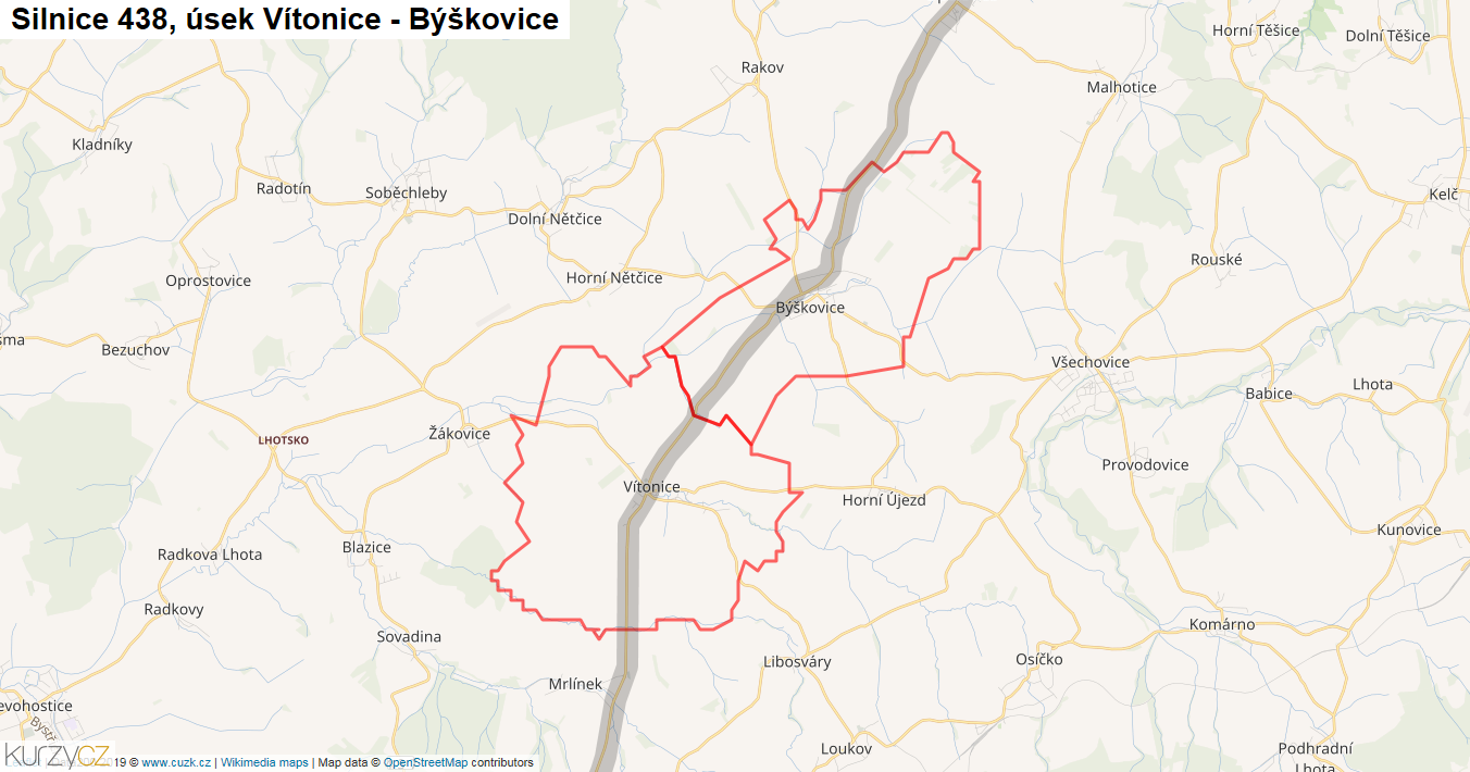 Úsek Vítonice - Býškovice, Silnice 438 - Mapa