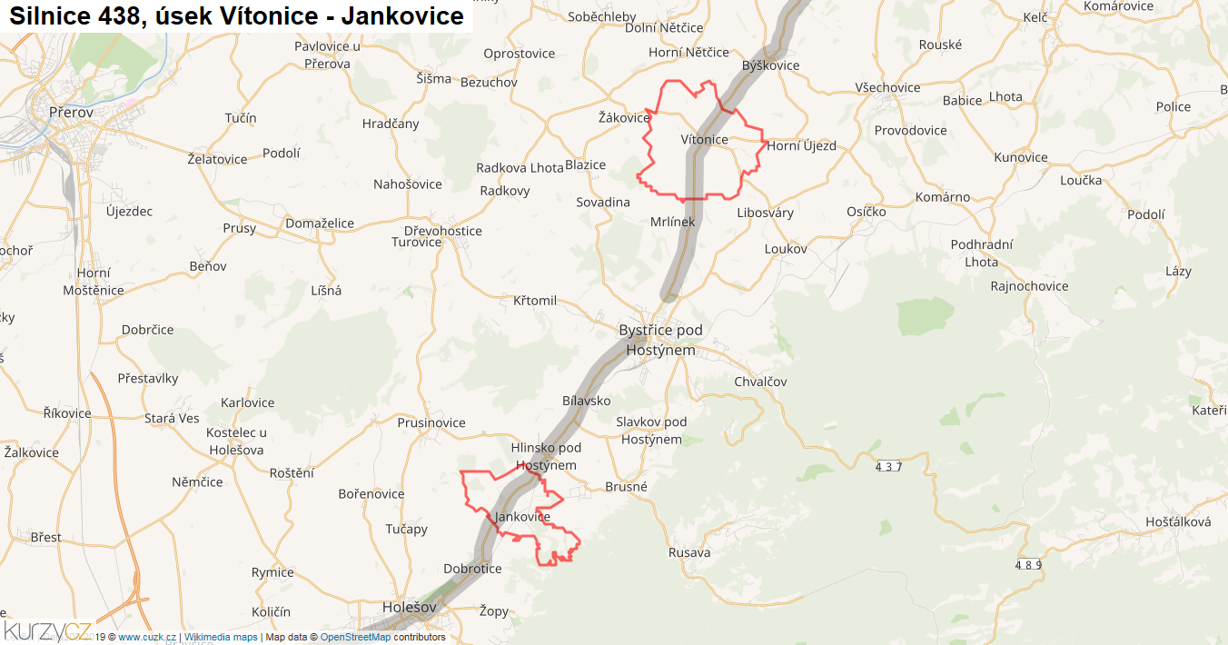 Úsek Vítonice - Jankovice, Silnice 438 - Mapa