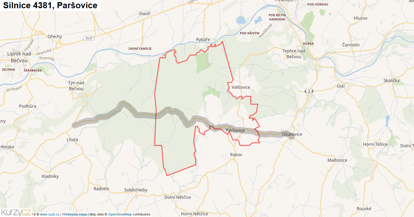 Paršovice, Silnice 4381 - Mapa