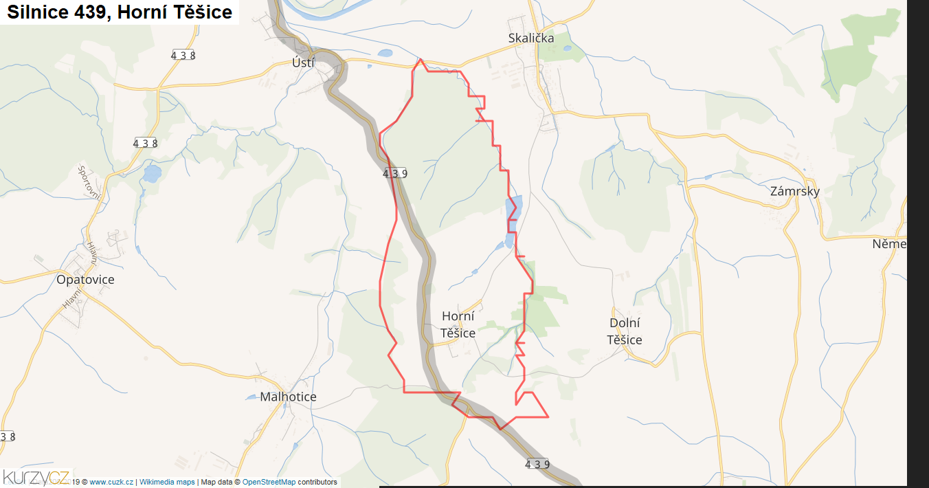 Horní Těšice, Silnice 439 - Mapa