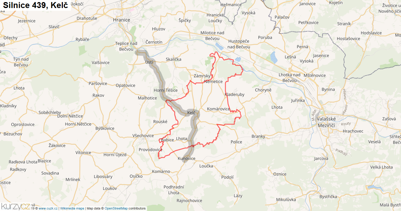 Kelč, Silnice 439 - Mapa