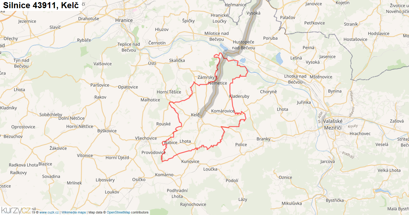 Kelč, Silnice 43911 - Mapa