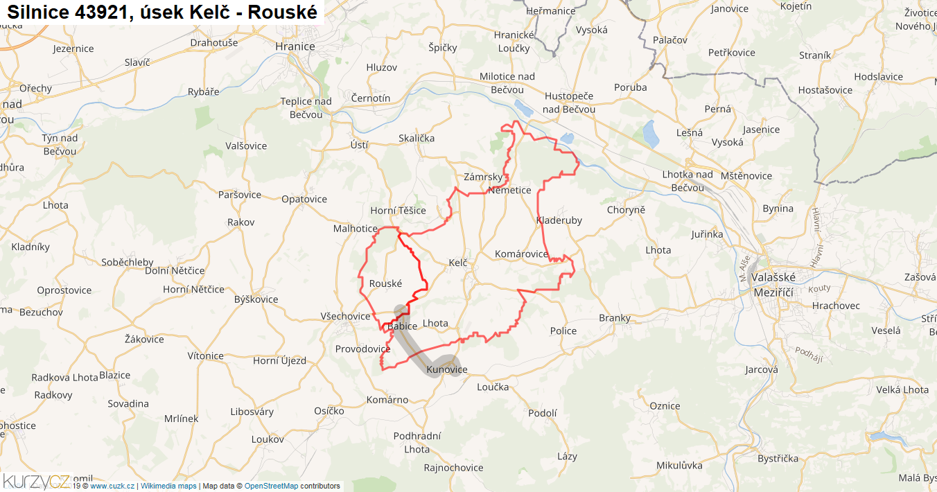 Úsek Kelč - Rouské, Silnice 43921 - Mapa