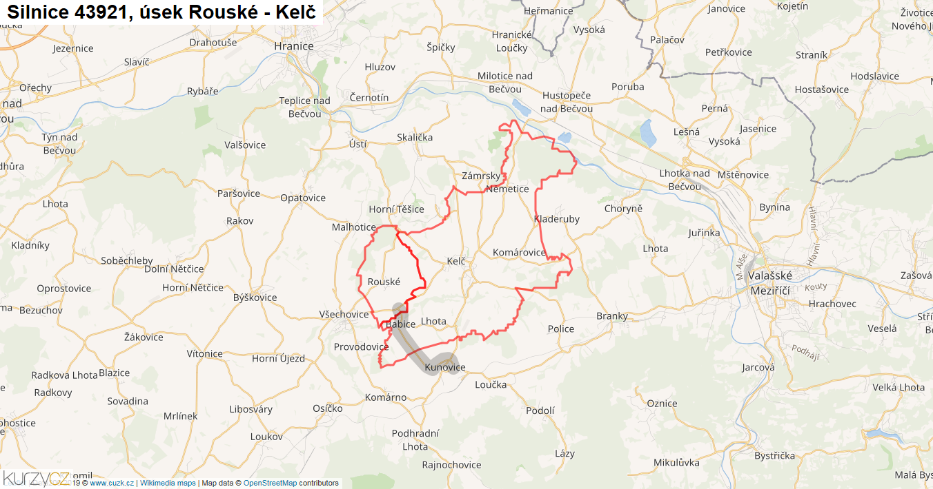 Úsek Rouské - Kelč, Silnice 43921 - Mapa