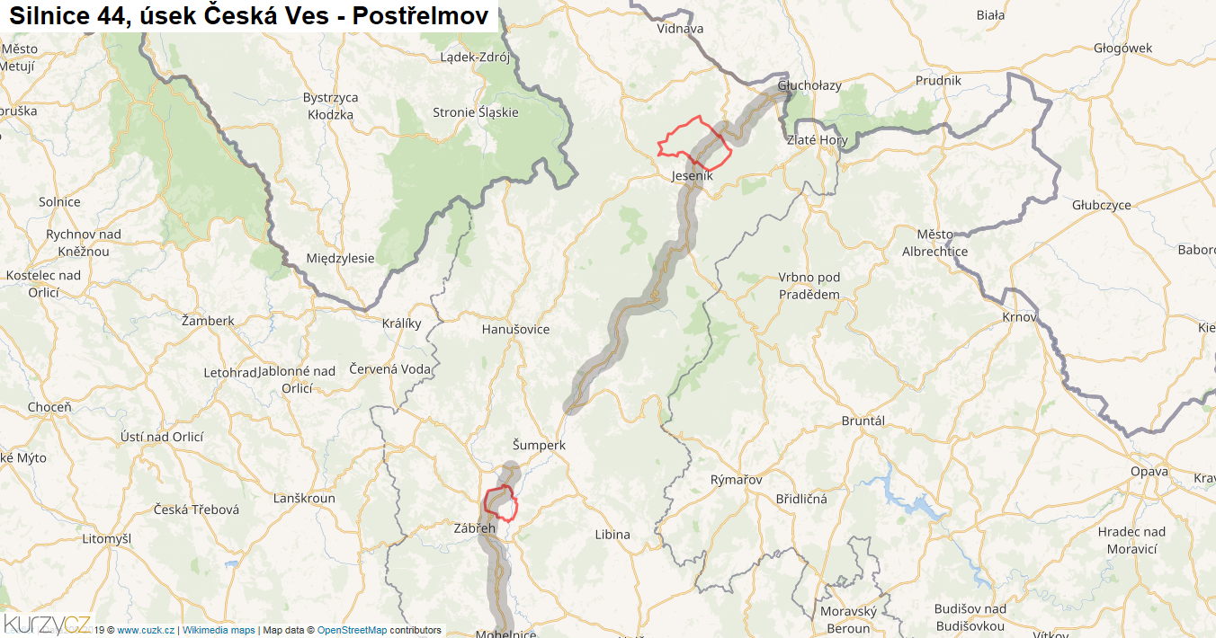 Úsek Česká Ves - Postřelmov, Silnice 44 - Mapa