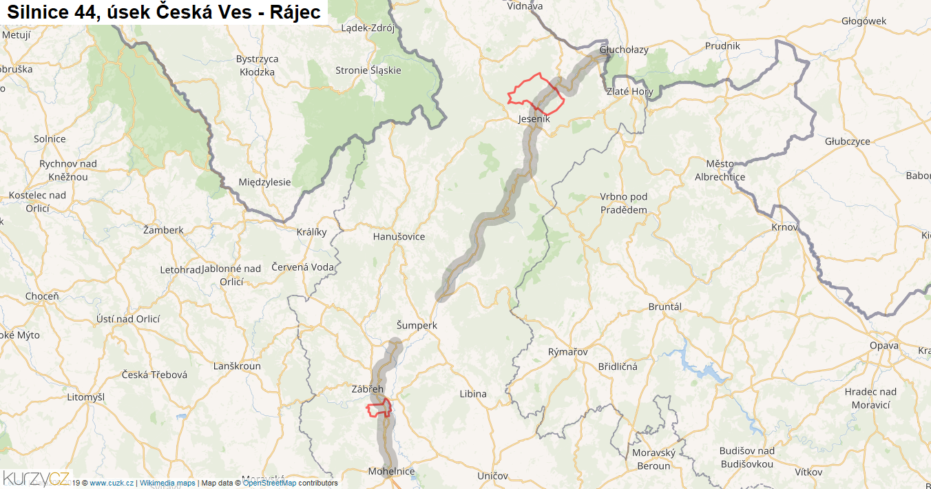 Úsek Česká Ves - Rájec, Silnice 44 - Mapa