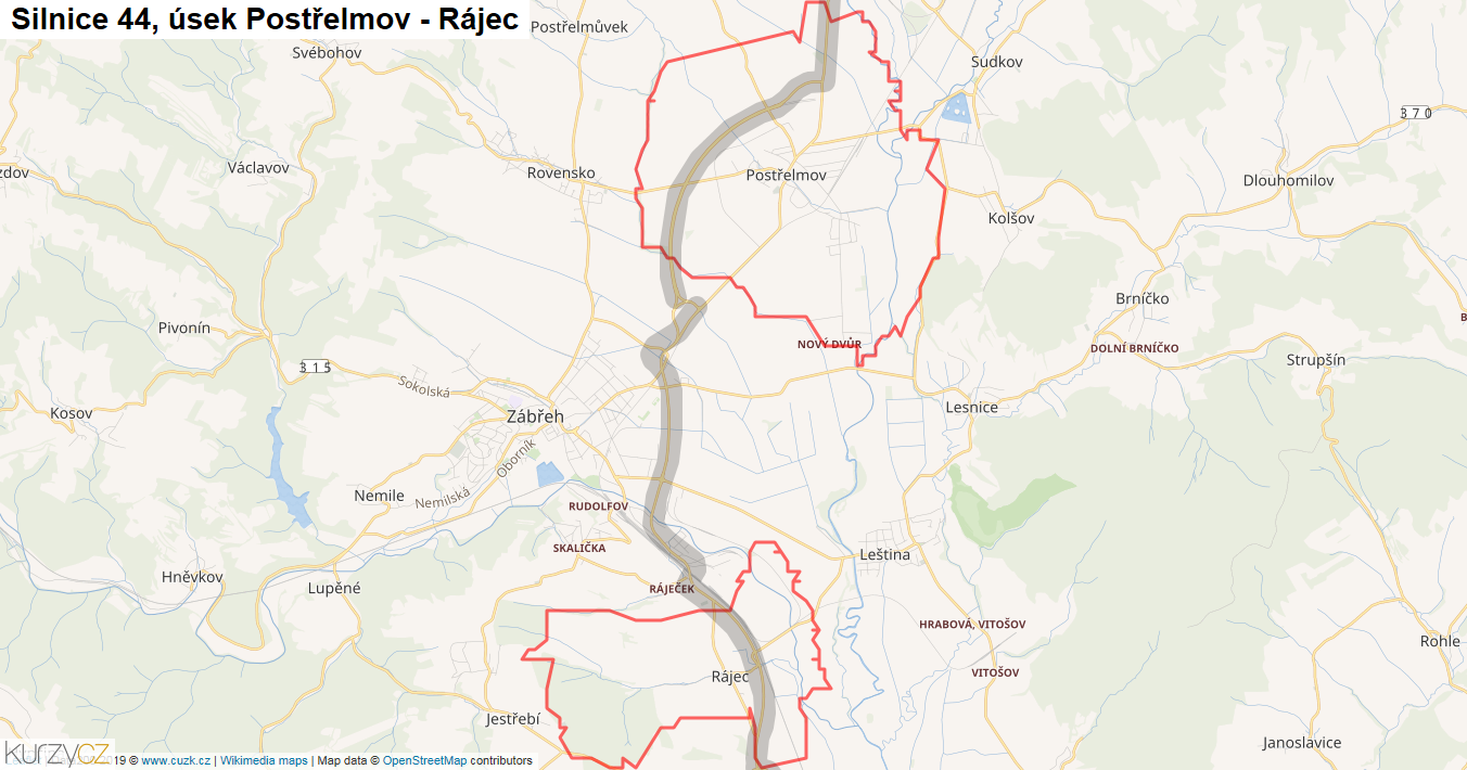 Úsek Postřelmov - Rájec, Silnice 44 - Mapa