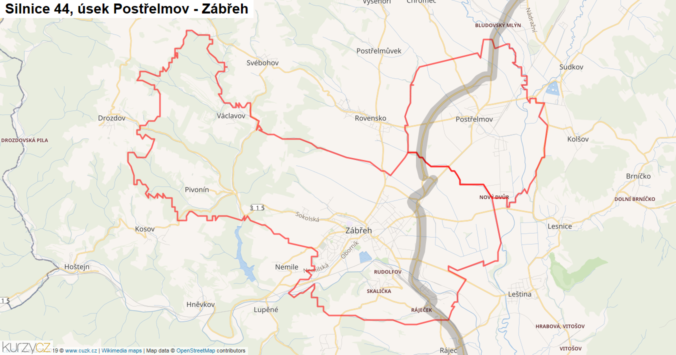 Úsek Postřelmov - Zábřeh, Silnice 44 - Mapa