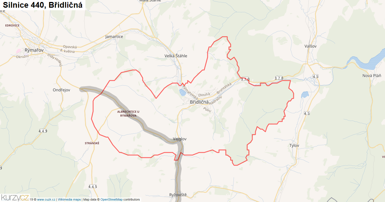 Břidličná, Silnice 440 - Mapa