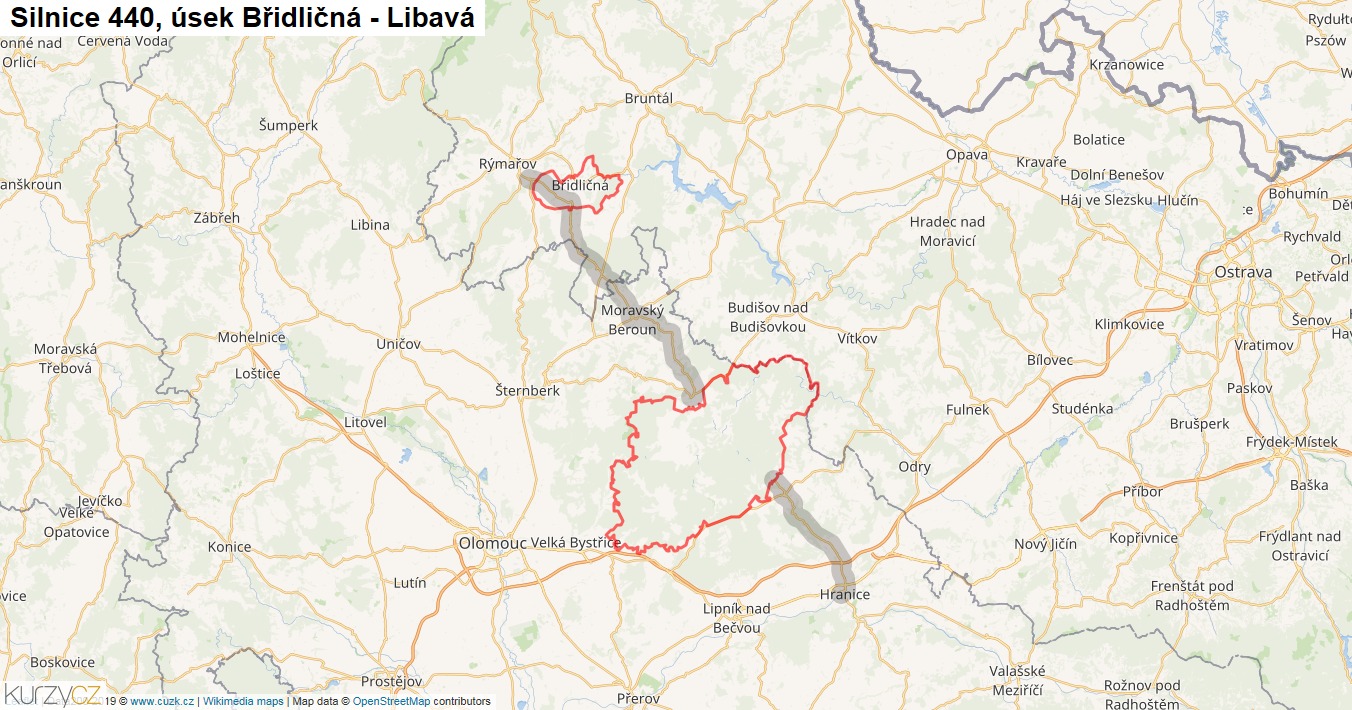 Úsek Břidličná - Libavá, Silnice 440 - Mapa