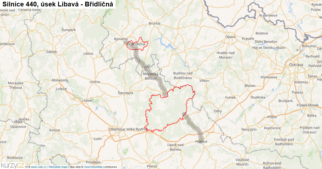 Úsek Libavá - Břidličná, Silnice 440 - Mapa