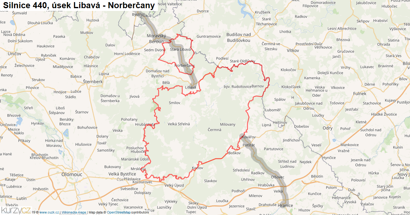 Úsek Libavá - Norberčany, Silnice 440 - Mapa