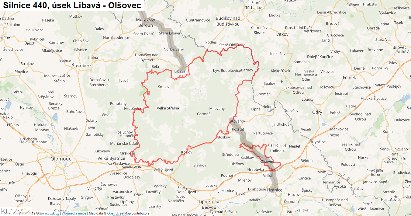 Úsek Libavá - Olšovec, Silnice 440 - Mapa