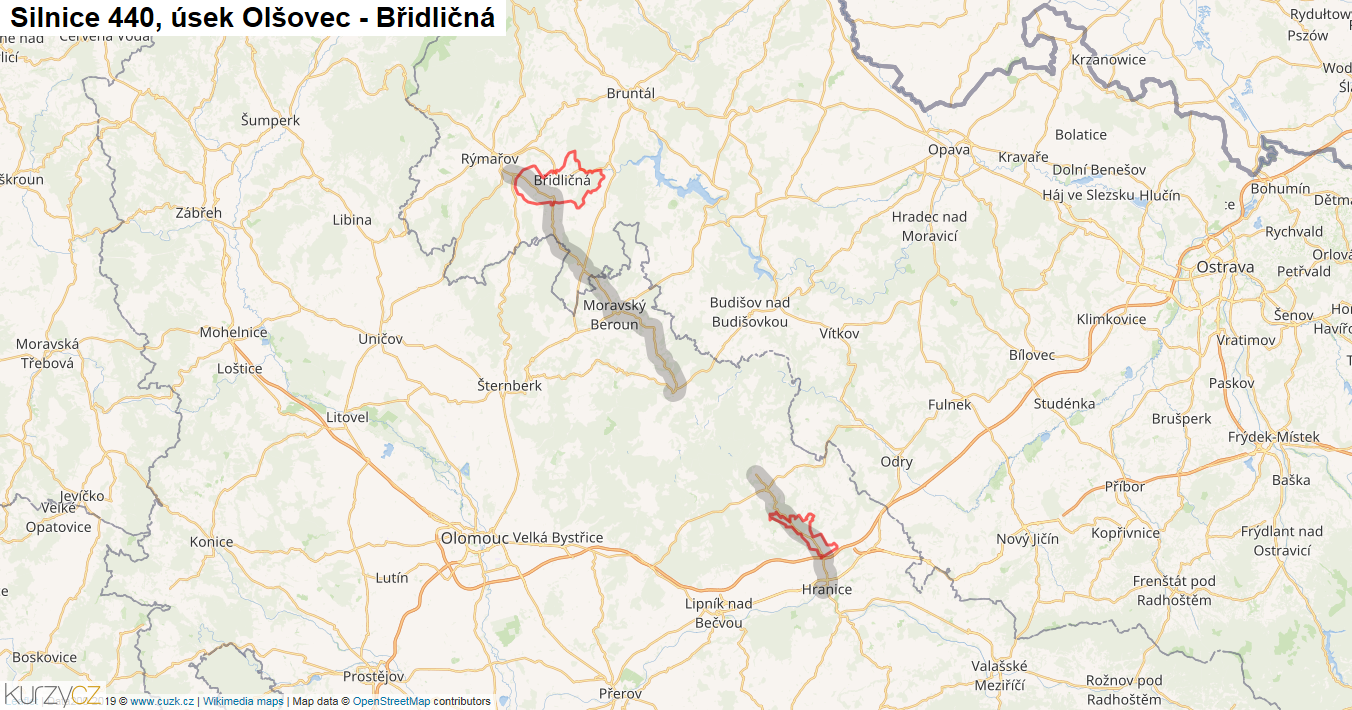 Úsek Olšovec - Břidličná, Silnice 440 - Mapa