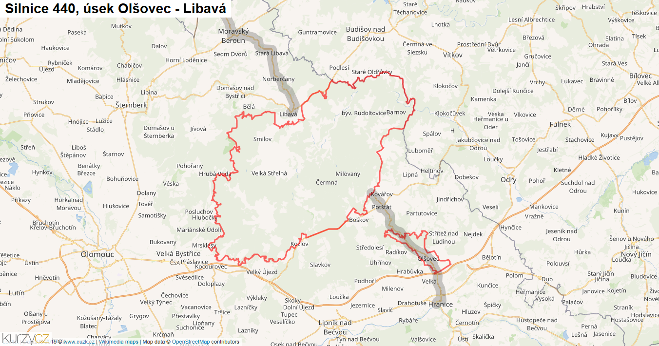 Úsek Olšovec - Libavá, Silnice 440 - Mapa