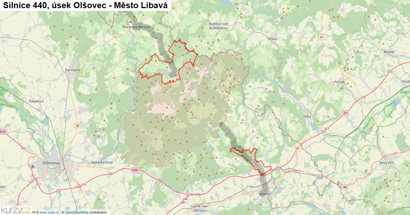 Úsek Olšovec - Město Libavá, Silnice 440 - Mapa