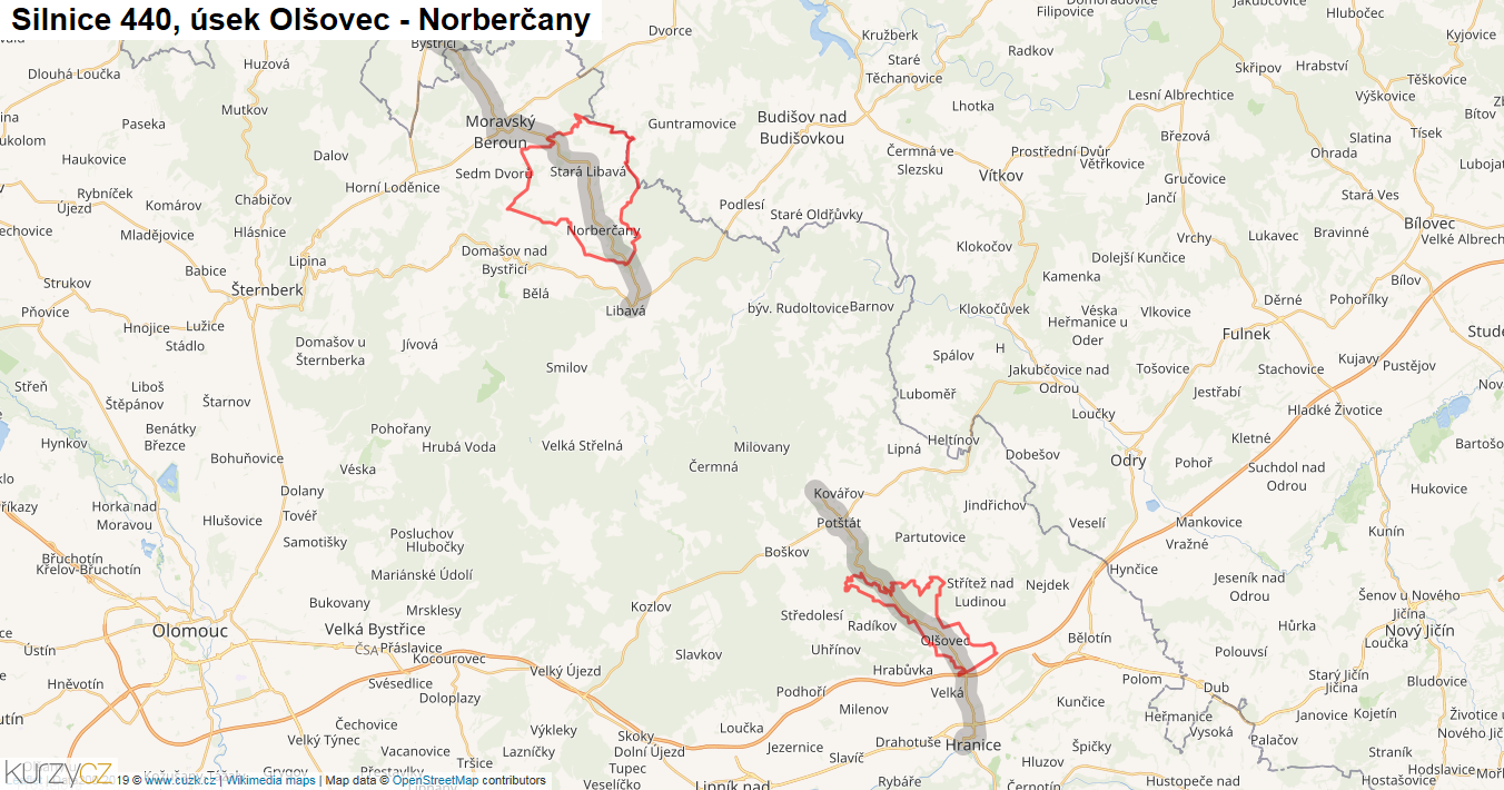Úsek Olšovec - Norberčany, Silnice 440 - Mapa