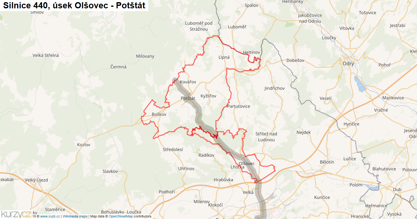Úsek Olšovec - Potštát, Silnice 440 - Mapa