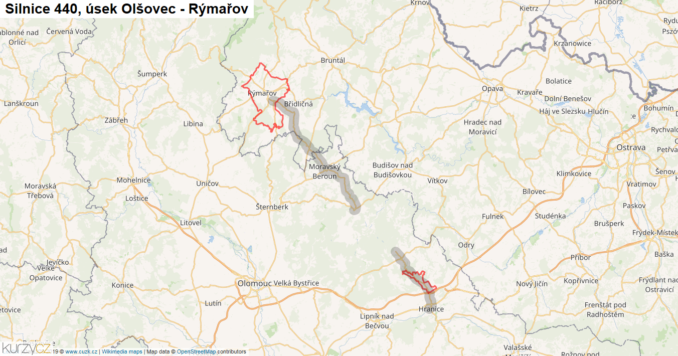 Úsek Olšovec - Rýmařov, Silnice 440 - Mapa