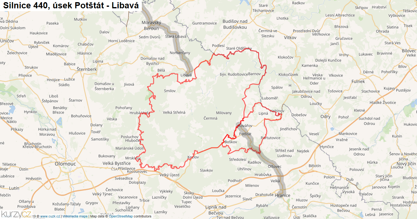 Úsek Potštát - Libavá, Silnice 440 - Mapa