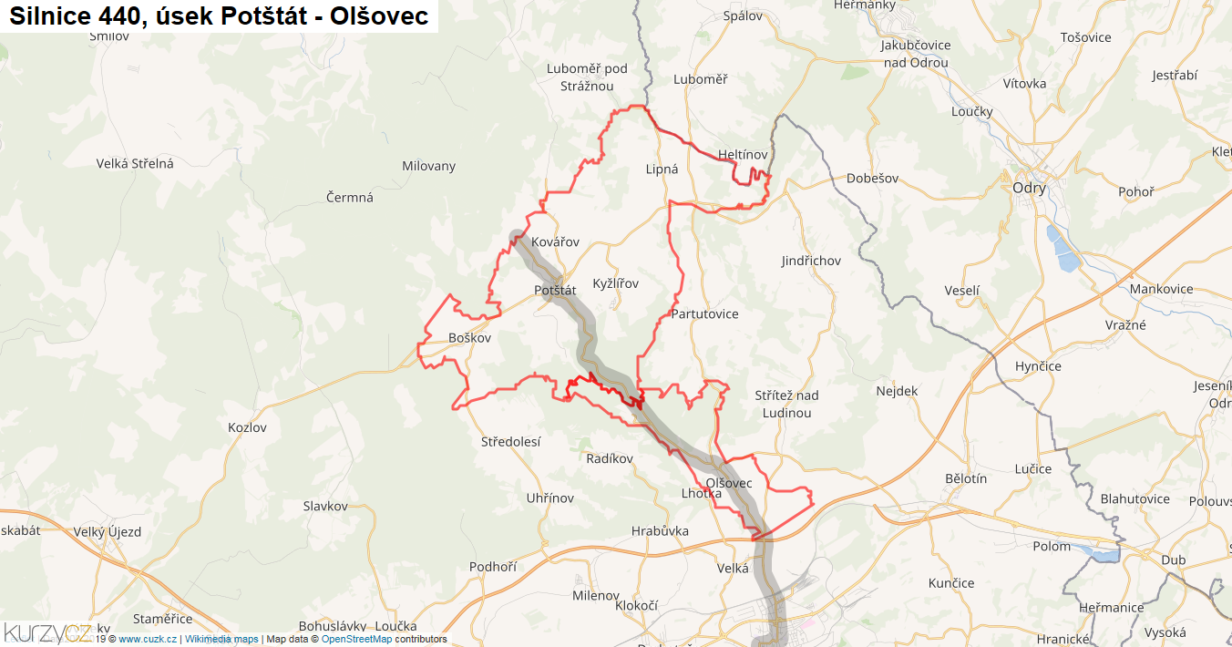 Úsek Potštát - Olšovec, Silnice 440 - Mapa