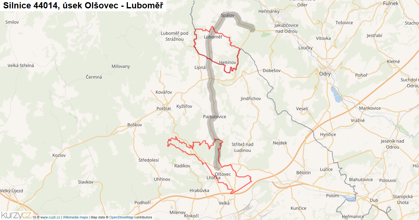 Úsek Olšovec - Luboměř, Silnice 44014 - Mapa