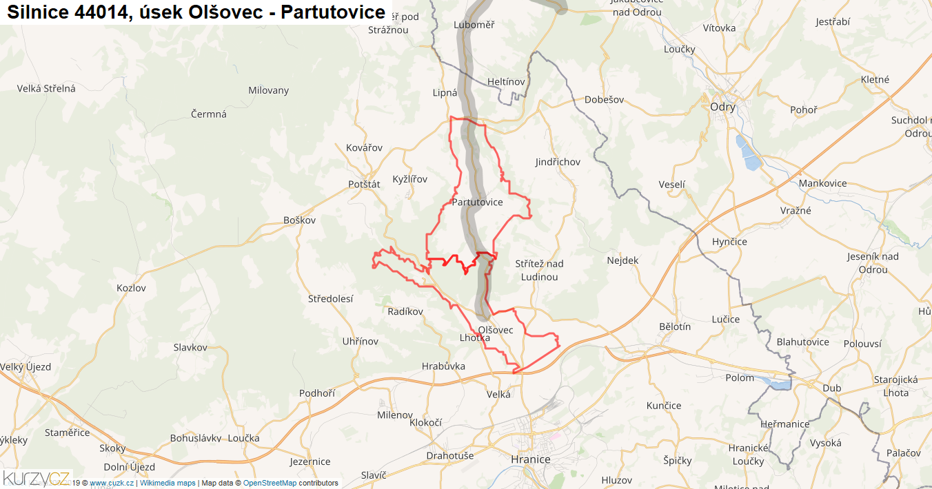 Úsek Olšovec - Partutovice, Silnice 44014 - Mapa
