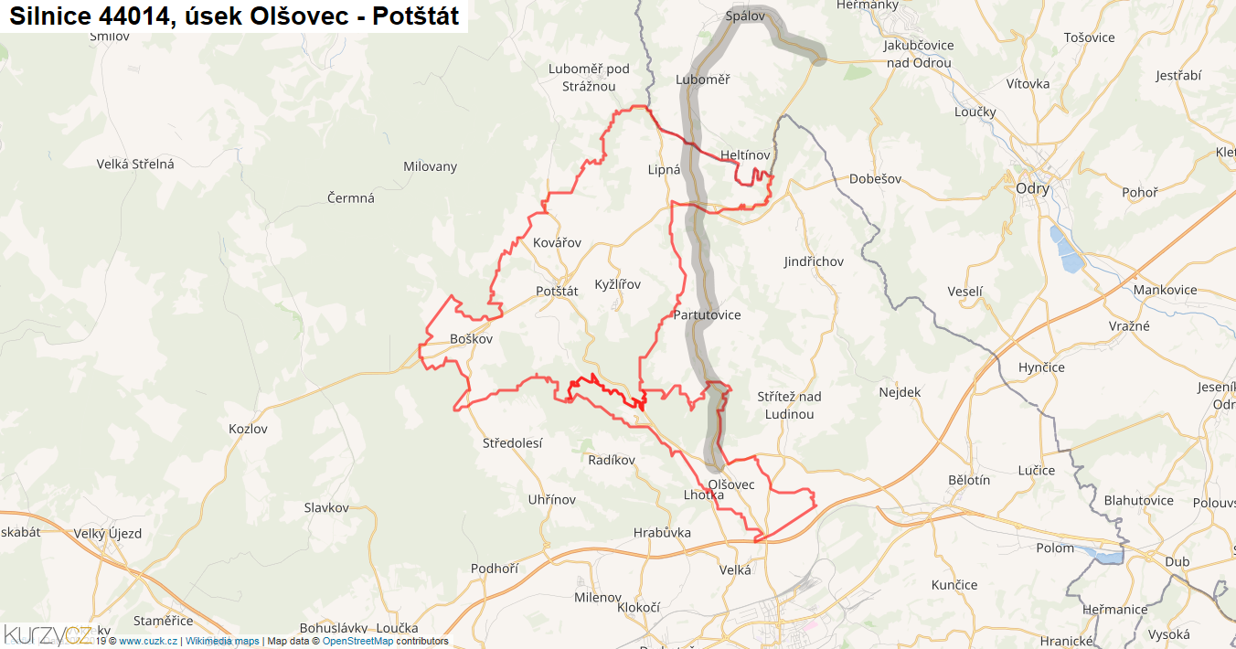 Úsek Olšovec - Potštát, Silnice 44014 - Mapa