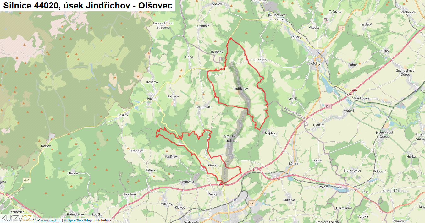 Úsek Jindřichov - Olšovec, Silnice 44020 - Mapa